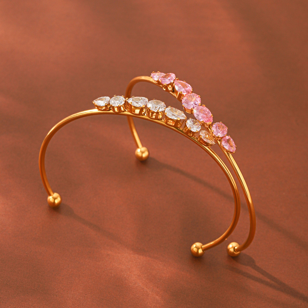 Bracelet Jonc Pour Femme En Acier Inoxydable, Forme Simple Elliptique, Étanche, Couleur Or, Zircon Image4
