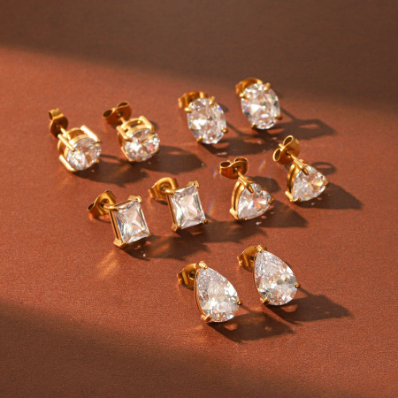 Boucles d'oreilles puces pour femmes, en acier inoxydable étanche, couleur or, en forme de cœur et d'ellipse, ornées de zircon, avec un motif goutte simple.