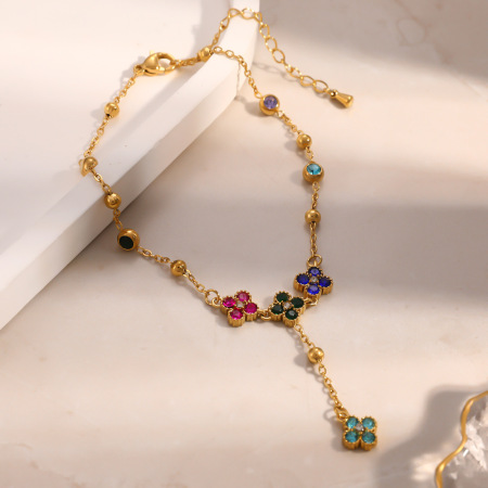 Bracelet de cheville élégant en acier inoxydable imperméable couleur or avec motif floral et zircon 2