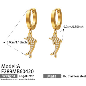Boucles D'Oreilles Pendantes Pour Femme, Style Océanique, En Acier Inoxydable, Étanches, Couleur Or, Avec Zircon Et Motif Dauphin Mignon h5 