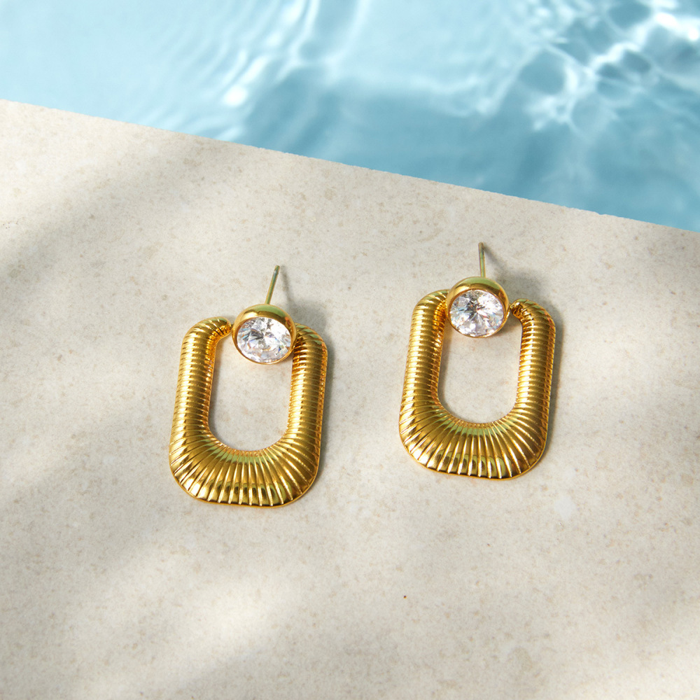 Boucles D'Oreilles Pendantes Pour Femme, Simples, Rectangulaires, En Acier Inoxydable, Étanches, Couleur Or, Avec Zircon. Image2