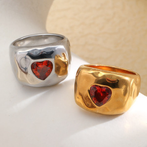 Bagues De Luxe Rétro En Forme De Cœur, En Acier Inoxydable Étanche, Couleur Or, Serties De Zircon. h5 Image3