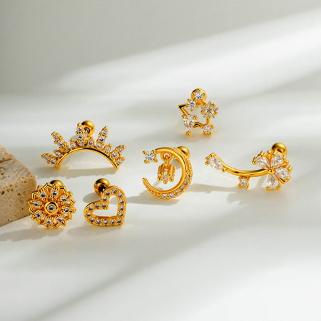 Boucles d'oreilles piercing femme, forme simple cœur et étoile, zircon couleur cuivre doré