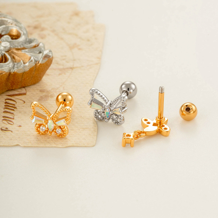 Boucles d'oreilles piercing femme, motif fleur simple, étoile et papillon, couleur cuivre doré et zircon. 2