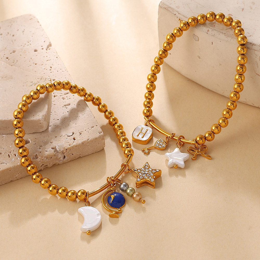 Bracelets Pour Femmes En Acier Inoxydable, Ornés De Perles, Motif Cœur, Étoile Et Lune, Couleur Or, Avec Zircon. h5Image4
