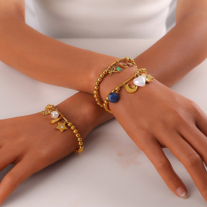 Bracelets Pour Femmes En Acier Inoxydable, Ornés De Perles, Motif Cœur, Étoile Et Lune, Couleur Or, Avec Zircon. h5 Image5