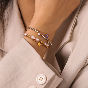 Bracelet Chaîne Femme Simple Daily Flower Star En Acier Inoxydable Étanche Couleur Or Avec Zircon h5 Image4