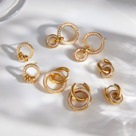 Boucles d'oreilles pendantes pour femmes, rondes, en acier inoxydable étanche, couleur or, avec zircon. 2