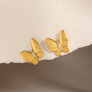 Boucles D'Oreilles Papillon Douces En Acier Inoxydable, Étanches, Couleur Or, Avec Zircon. h5 Image3