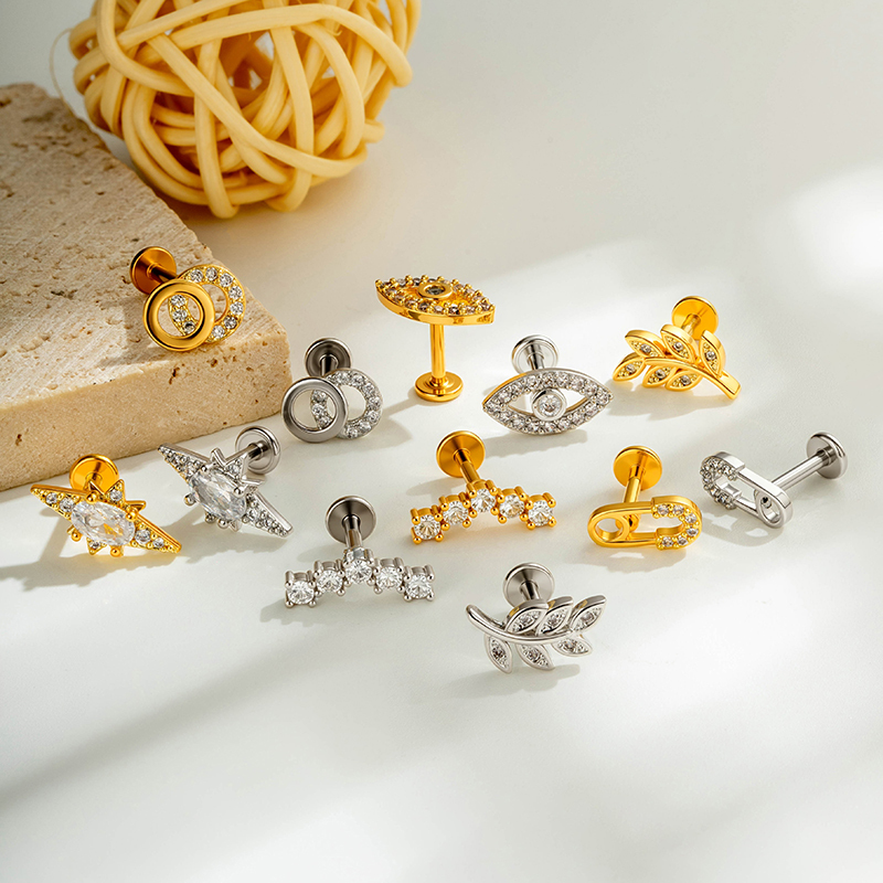 Boucles D'Oreilles Piercing Pour Femmes, Collection Simple, En Forme D'Étoile Et Feuille, Couleur Cuivre Doré Et Zircon. h5Image6
