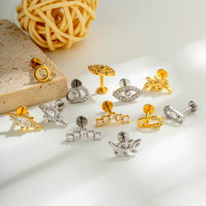 Boucles D'Oreilles Piercing Pour Femmes, Collection Simple, En Forme D'Étoile Et Feuille, Couleur Cuivre Doré Et Zircon. h5 Image6