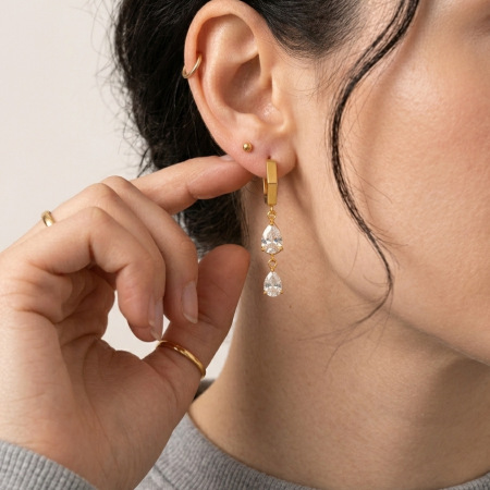 Boucles d'oreilles pendantes pour femmes, en acier inoxydable étanche, couleur or, avec zircon.