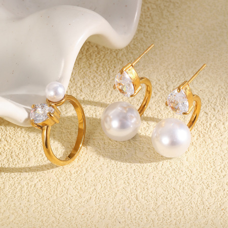 Boucles d'oreilles élégantes en acier inoxydable, imperméables, couleur or, avec zircon et perle. 2