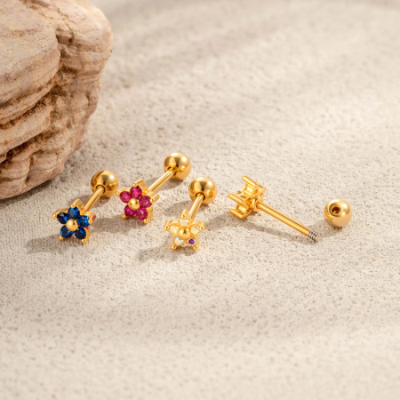 Boucles d'oreilles piercing pour femme, motif floral simple, couleur cuivre doré et zircon. 2