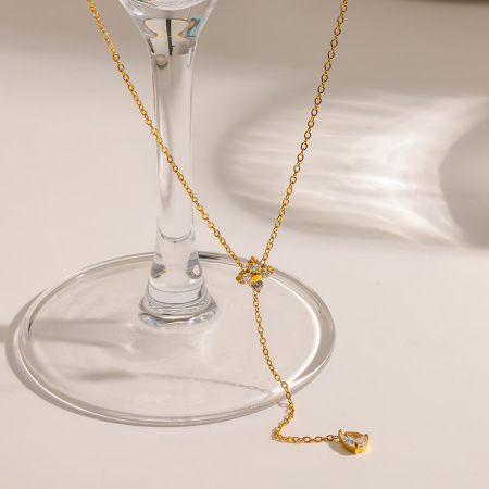 Colliers pendentifs romantiques et élégants en forme de goutte de fleur, en acier inoxydable étanche, couleur or et zircon, pour femmes