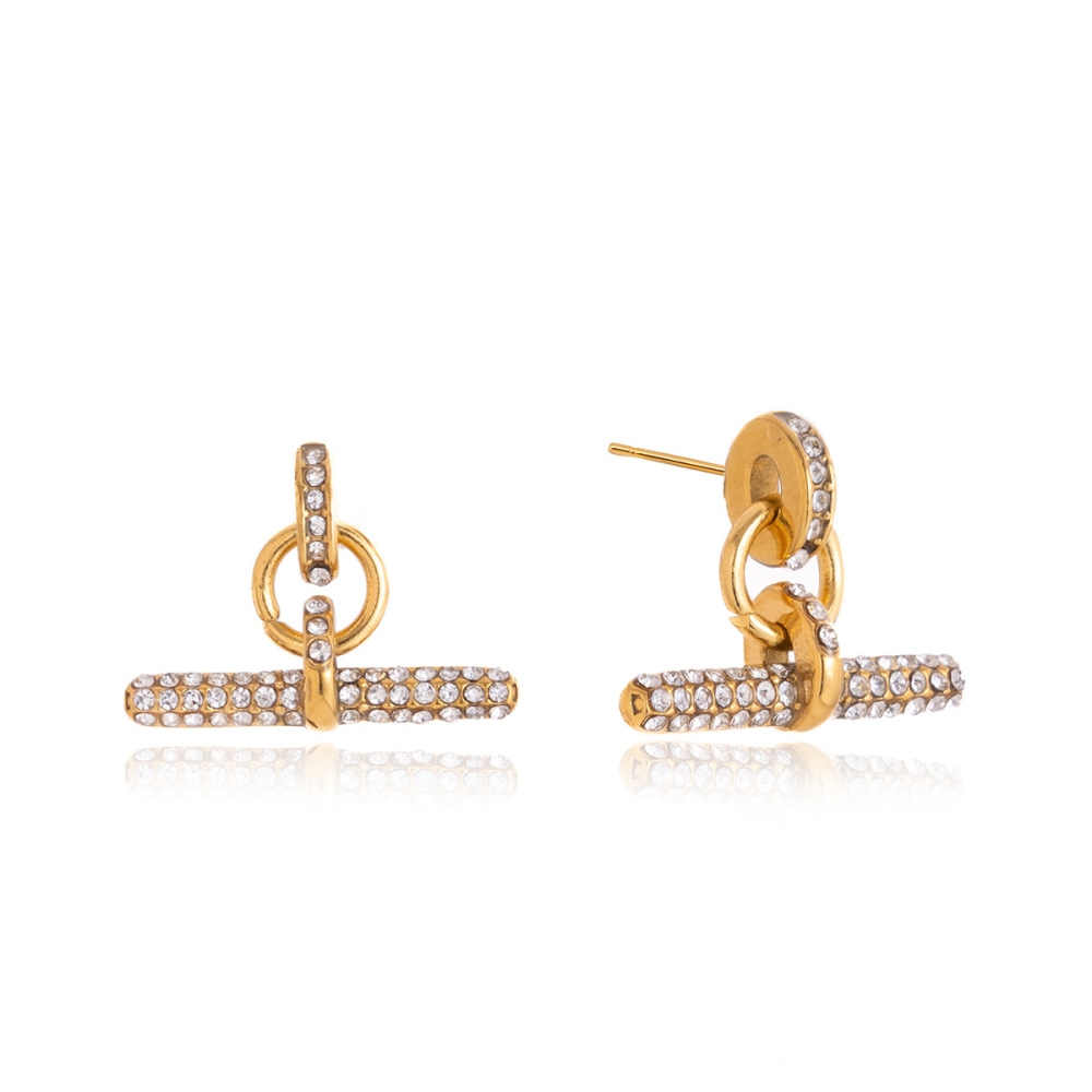 Boucles D'Oreilles Pendantes Pour Femmes, En Acier Inoxydable Étanche, Couleur Or, En Forme De T, Ornées De Strass. Image5