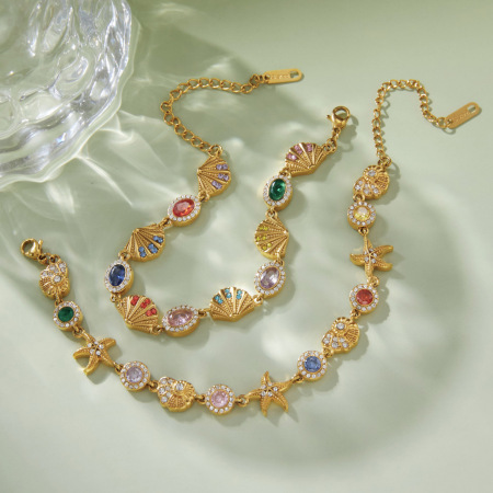 Bracelet chaîne luxueux Sweet Chain en acier inoxydable étanche couleur or avec zircon et motif coquillage et étoile de mer 2