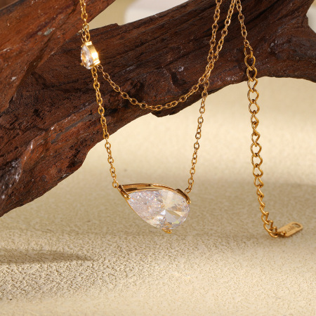 Colliers pendentifs pour femmes en acier inoxydable étanche couleur or avec zircon, forme goutte simple