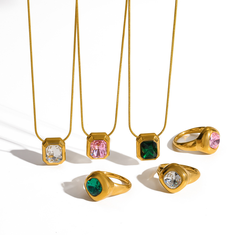 Ensemble De Colliers Pour Femmes En Acier Inoxydable Imperméable, Forme Géométrique Rectangulaire Simple, Couleur Or, Avec Zircon. Image3