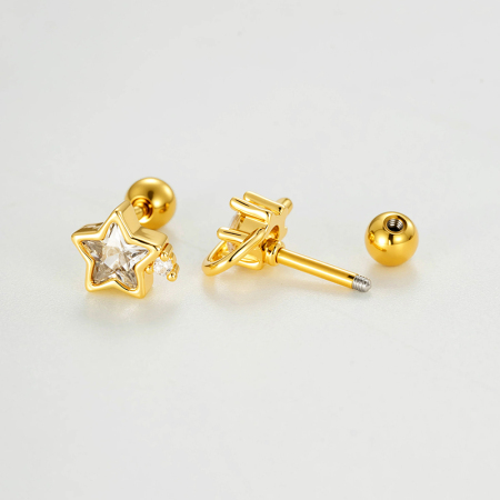 Boucles d'oreilles piercing femme, forme simple cœur et étoile, zircon couleur cuivre doré 2