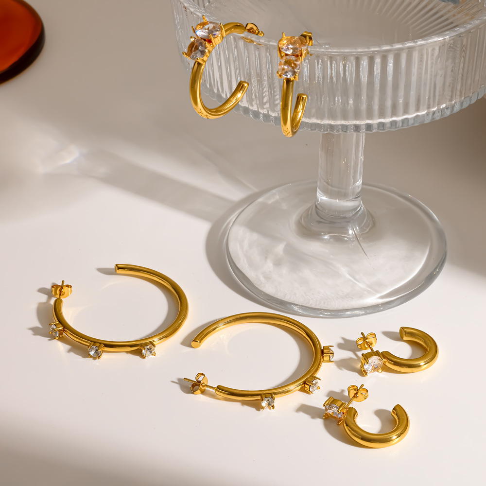 Boucles D'Oreilles Puces Pour Femmes En Acier Inoxydable Doré, Étanches, En Forme De C, Ornées De Strass. h5Image3