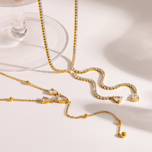 Colliers Pendentifs Pour Femmes, Luxueux Et Élégants, En Forme De Goutte, En Acier Inoxydable Étanche Couleur Or Et Zircon. h5 Image3