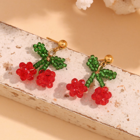 Boucles d'oreilles perles pour femme, collection romantique Sweet Cherry, en acier inoxydable étanche, couleur or. 2