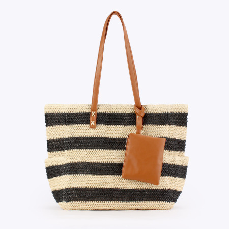 Sac cabas femme en raphia tissé à rayures multicolores style décontracté