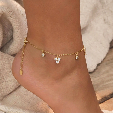Bracelet de cheville simple en acier inoxydable étanche couleur or avec zircon