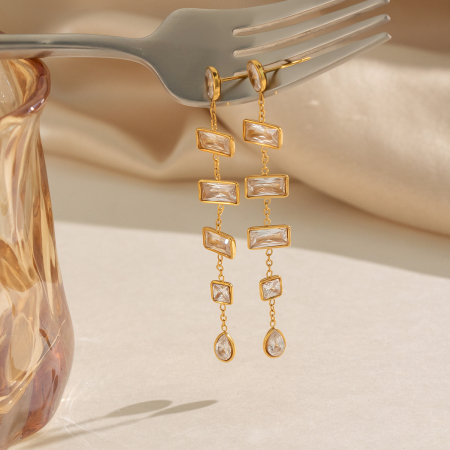 Boucles d'oreilles pendantes pour femmes, en acier inoxydable, étanches, couleur or, avec zircon et pompon. 2
