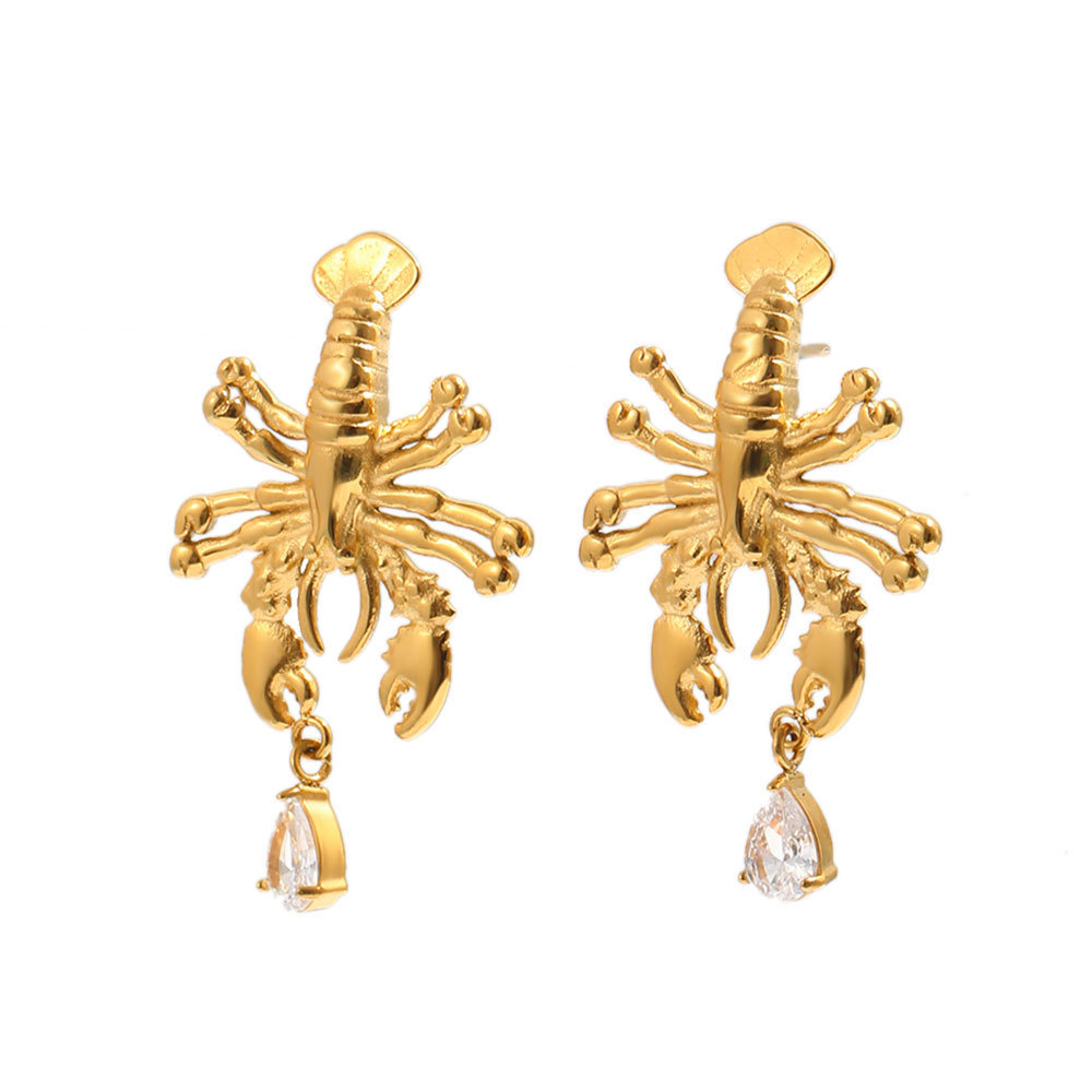 Boucles D'Oreilles Puces Pour Femmes, Style Vacances Océanique, En Forme De Homard, En Acier Inoxydable Étanche, Couleur Or Et Zircon. Image4