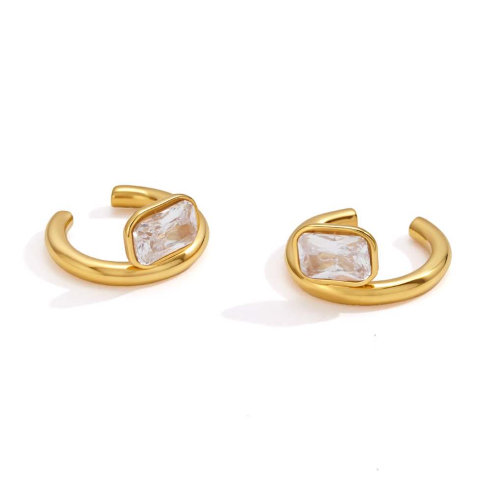 Boucles D'Oreilles Manchette D'Oreille Pour Femme, Simples, Rectangulaires, En Acier Inoxydable, Étanches, Couleur Or, Avec Zircon. Image5