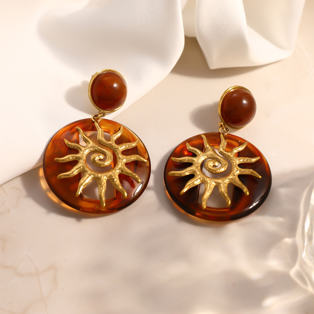 Boucles D'Oreilles Pendantes Pour Femmes, Style Rétro Soleil, En Acier Inoxydable, Couleur Or, Série Simple. Image2