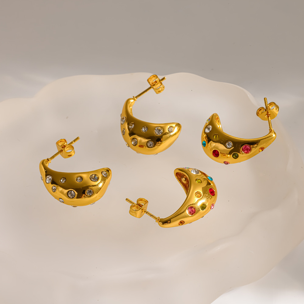 Boucles D'Oreilles Puces Élégantes En Acier Inoxydable, Imperméables, Couleur Or, Ornées De Strass, En Forme De Goutte. Image3