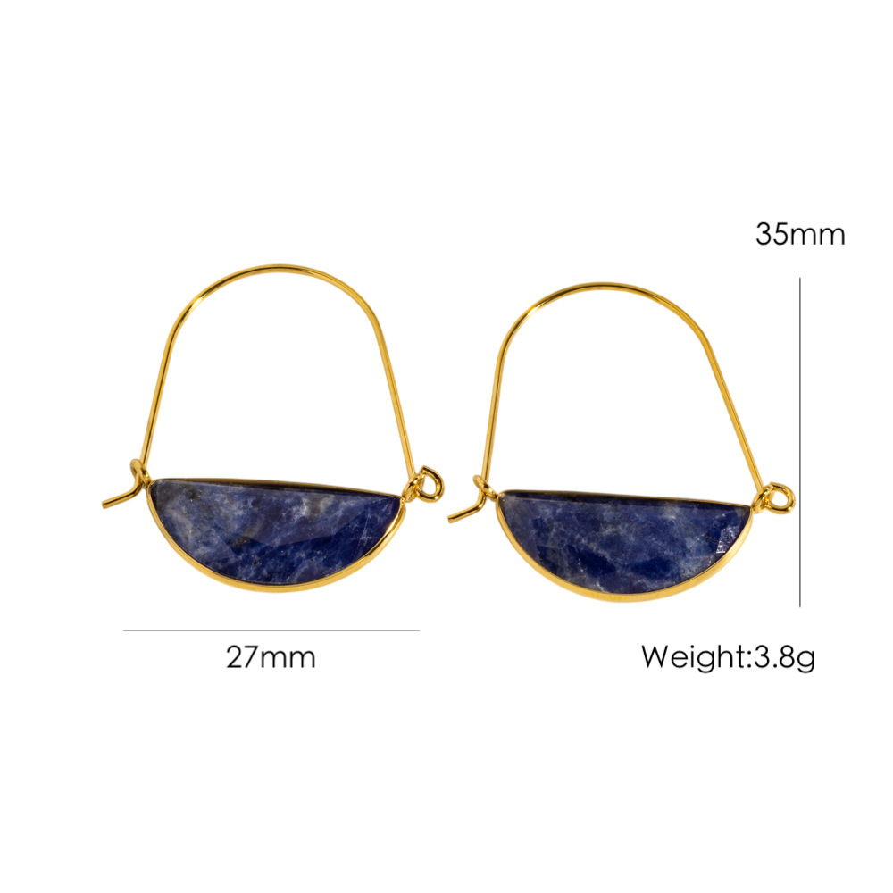 Boucles D'Oreilles Créoles Élégantes En Forme D'Ellipse, En Acier Inoxydable, Couleur Or, Imperméables, Avec Pierre Naturelle, Collection Simple Series 