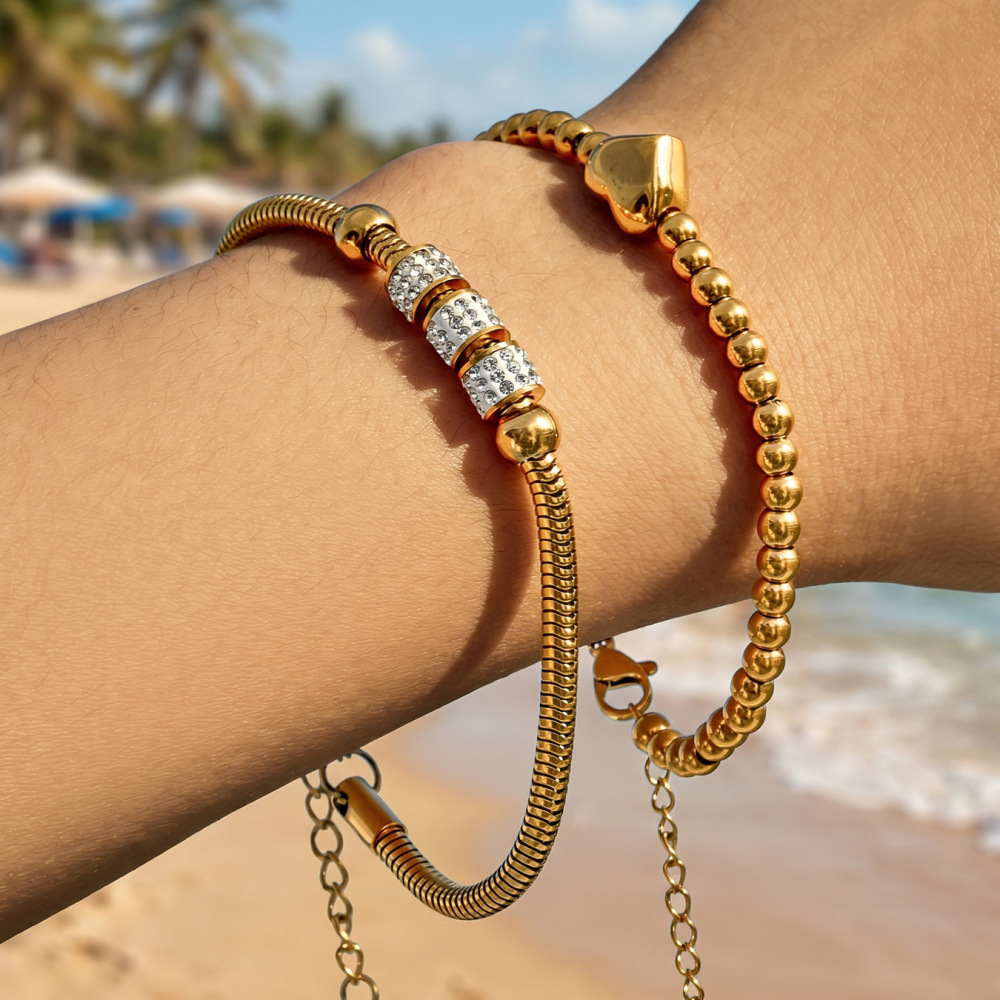 Bracelet De Perles Pour Femme En Acier Inoxydable Doré, Imperméable, Avec Motif Cœur, Collection De Luxe h5Image2