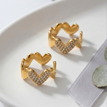 Boucles d'oreilles manchette pour femme en acier inoxydable, imperméables, couleur or, avec strass et motif cœur simple 2