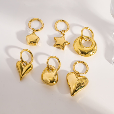 Boucles d'oreilles créoles pour femmes, élégantes et de forme irrégulière, en acier inoxydable, couleur or, style simple, en forme de cœur et d'étoile, étanches. 2