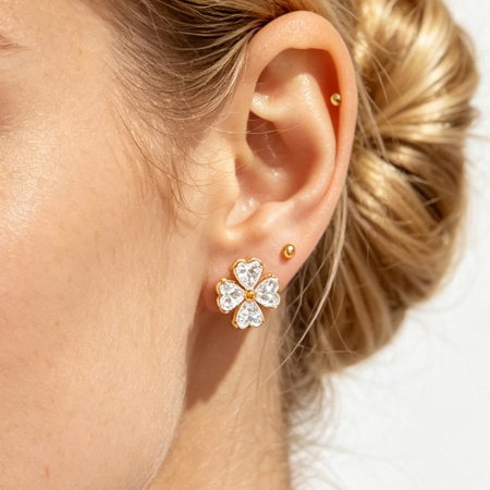 Boucles d'oreilles puces pour femmes Simple Series Daily Clover en acier inoxydable étanche couleur or et zircon. 2