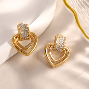 Boucles D'Oreilles Puces Pour Femmes, Style Cœur Élégant, En Acier Inoxydable Étanche, Couleur Or, Collection Simple Series h5 Image2