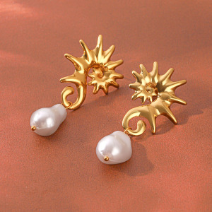 Boucles D'Oreilles Pendantes Pour Femme, Style Océanique, En Acier Inoxydable Doré Avec Perles Artificielles, Collection Simple Series. h5 Image4