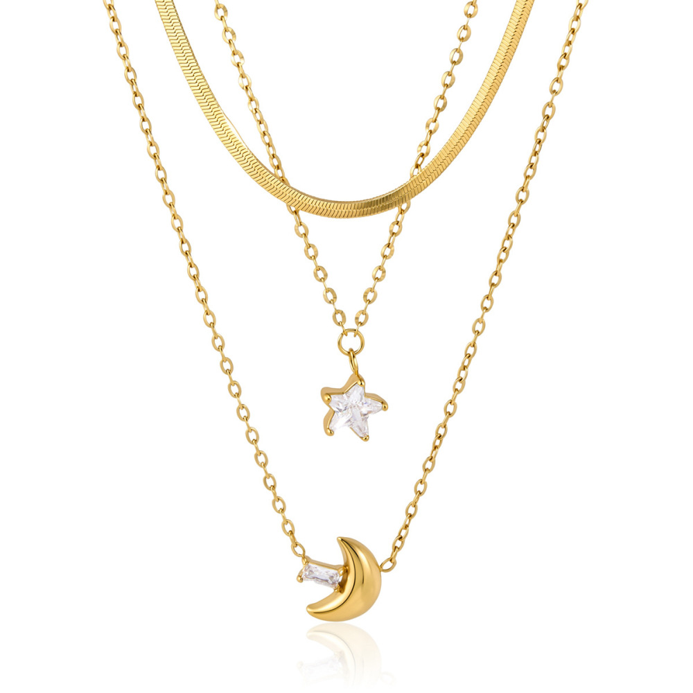Colliers Superposés Pour Femmes, Collection Simple Series Daily Star Moon, En Acier Inoxydable, Couleur Or, Avec Zircon Et Monture Étanche. Image5