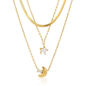 Colliers Superposés Pour Femmes, Collection Simple Series Daily Star Moon, En Acier Inoxydable, Couleur Or, Avec Zircon Et Monture Étanche. h5 Image5