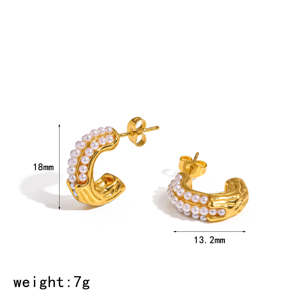 Boucles D'Oreilles Puces Élégantes En Acier Inoxydable Doré, Imperméables, En Forme De C, Ornées De Strass Et De Perles Artificielles. 