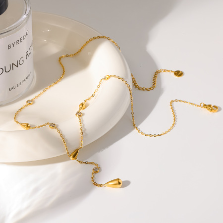 Colliers pendentifs pour femmes en acier inoxydable, étanches, couleur or, en forme de goutte simple, avec zircon. 2