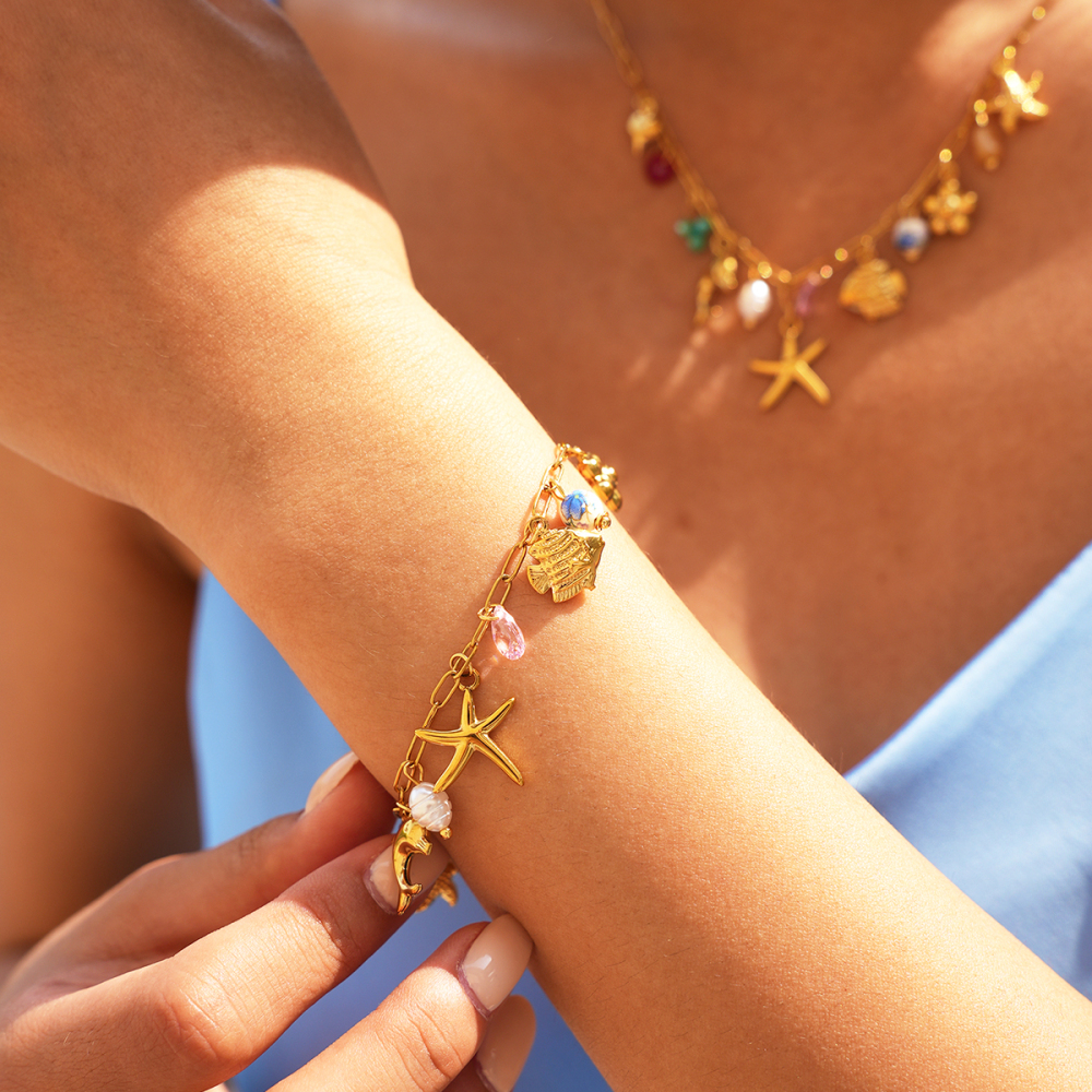Ensembles De Bracelets Pour Femmes Simple Series Daily Shell Starfish En Acier Inoxydable Étanche Couleur Or Image4