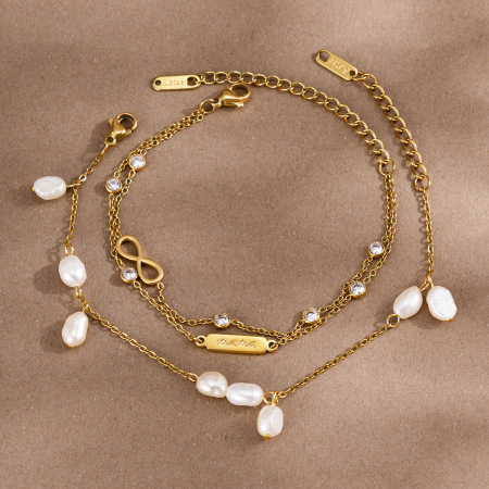 Bracelet chaîne élégant et imperméable en acier inoxydable doré avec perle, collection Simple Series Elegant Infinity 2