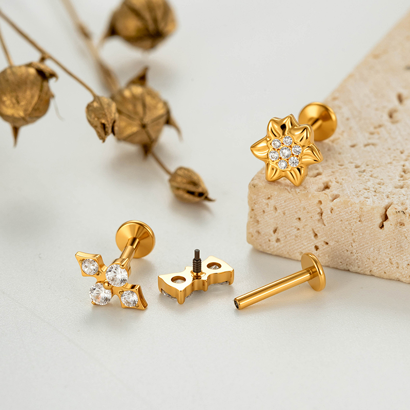 Boucles D'Oreilles Piercing Pour Femme, En Alliage De Titane Doré Avec Zircon, Motif Nœud Papillon Et Étoile, Collection Simple Series h5Image3