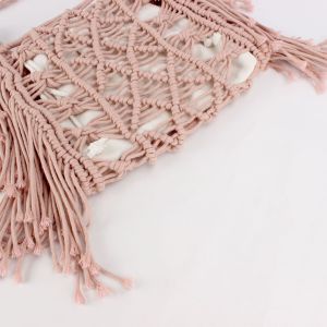 Sac Carré Pour Femme En Coton Tissé Uni À Pompons Ajourés, Style Décontracté h5 Image6