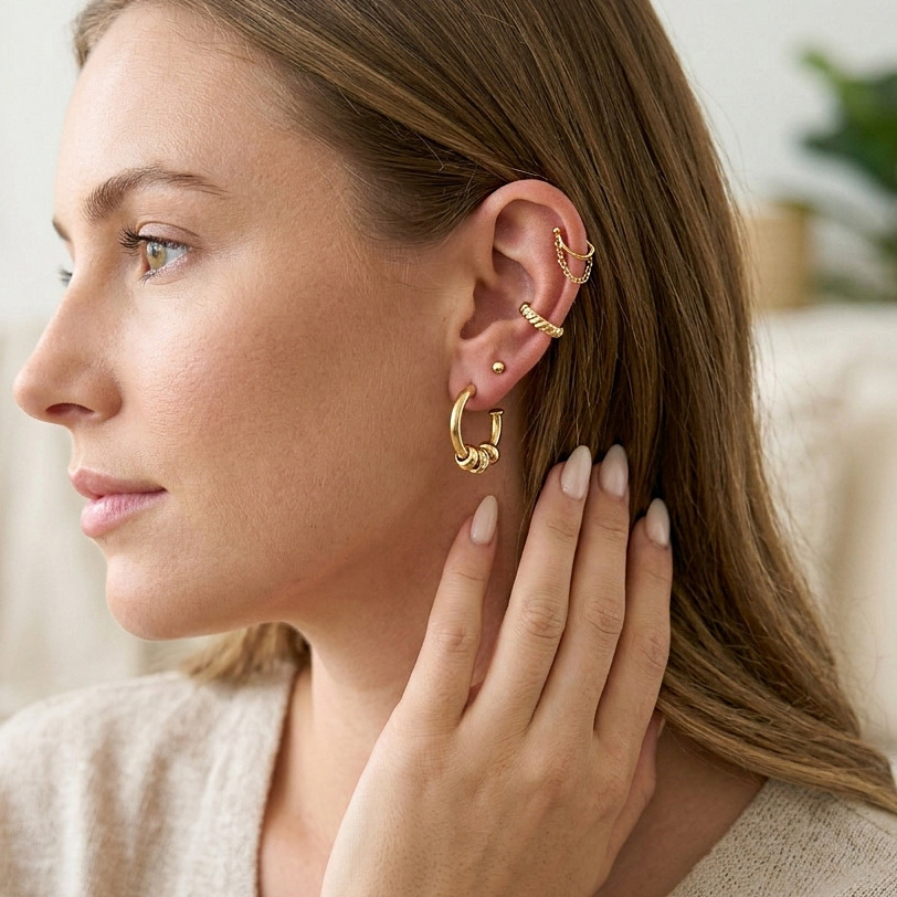 Boucles D'Oreilles Puces Élégantes Et Rondes En Acier Inoxydable Doré Et Zircon, Pour Femmes, Collection Luxueuse. h5Image3